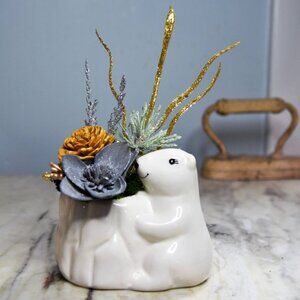 Small ceramic polar bear planter w/sparkling gold &  silver Sola wood flowers